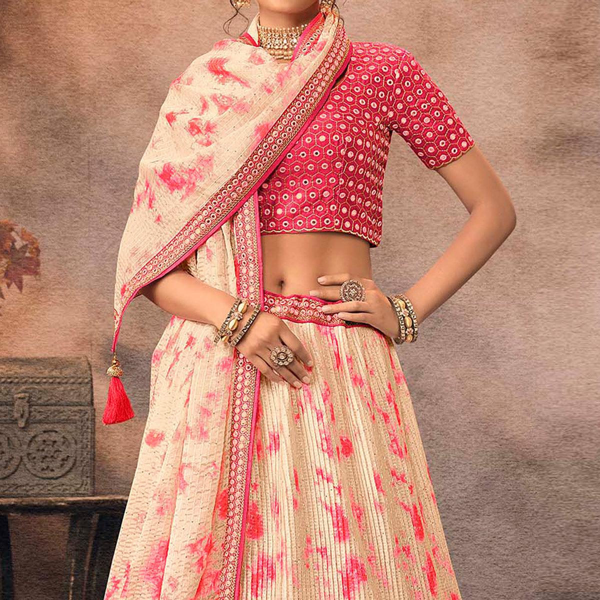 Beige Digital Printed-Embellished Chiffon Lehenga Choli - Peachmode