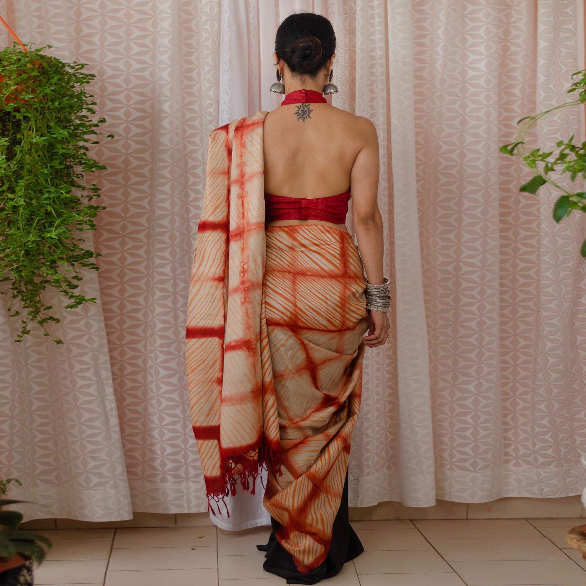 Beige Digital Printed Linen Half and Half Saree - Peachmode