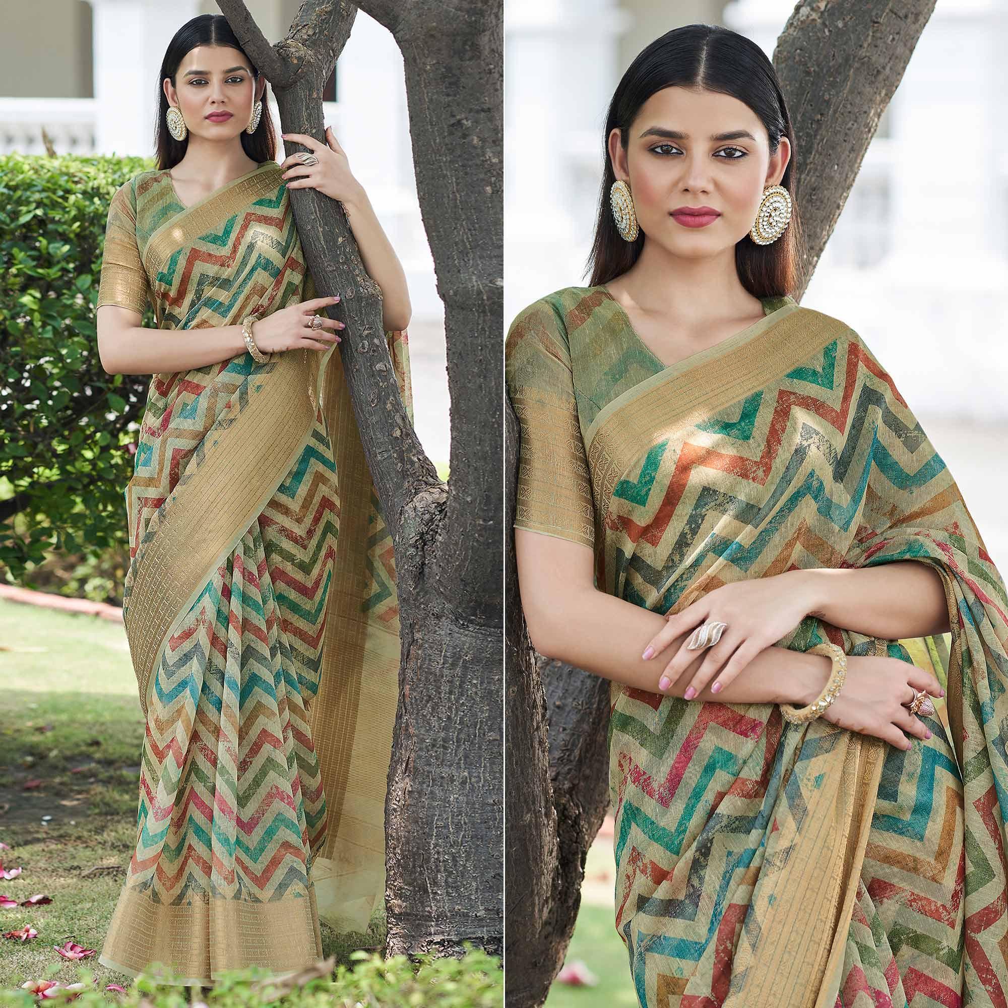 Beige Digital Printed Linen Saree - Peachmode