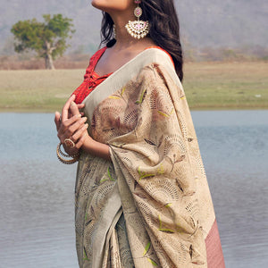 Beige Digital Printed Linen Saree - Peachmode