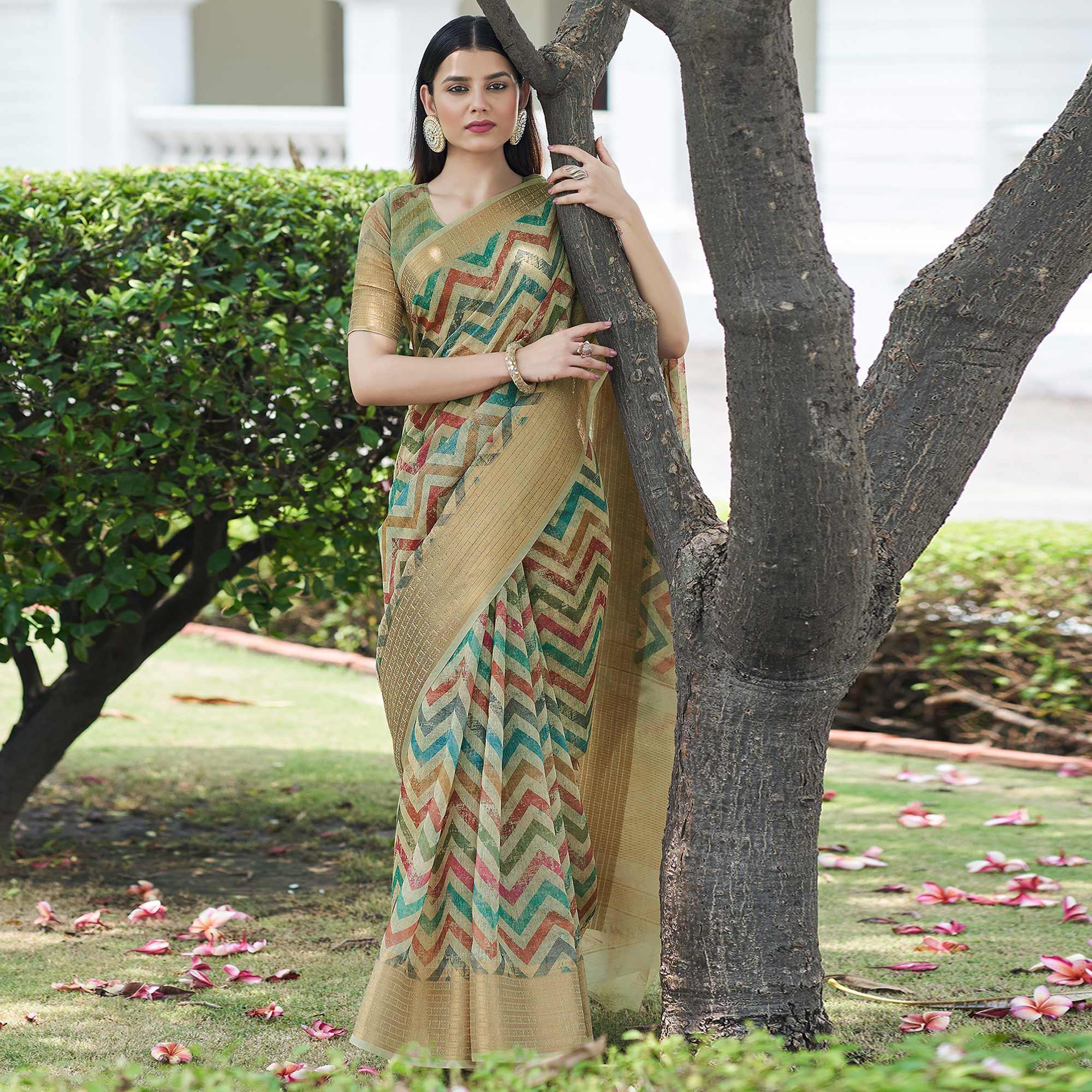 Beige Digital Printed Linen Saree - Peachmode