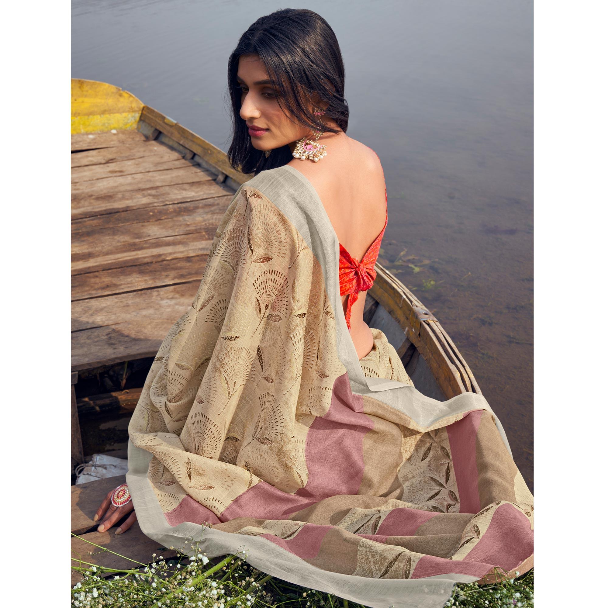 Beige Digital Printed Linen Saree - Peachmode