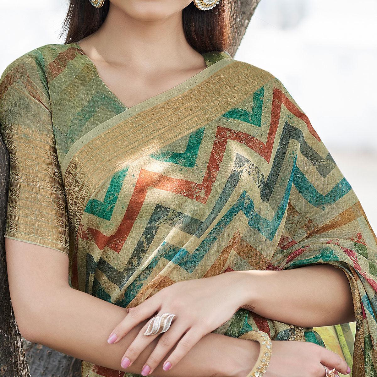 Beige Digital Printed Linen Saree - Peachmode