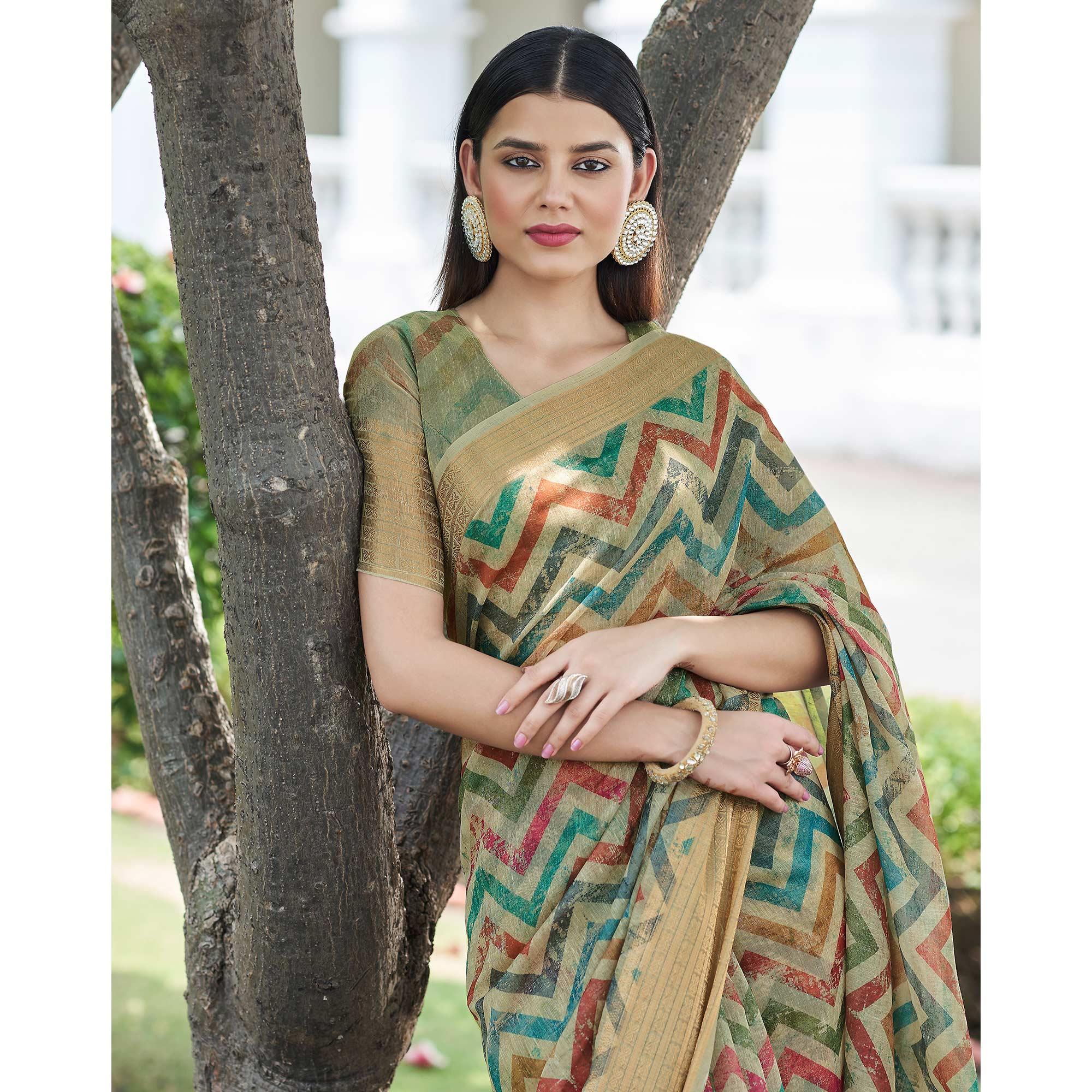 Beige Digital Printed Linen Saree - Peachmode