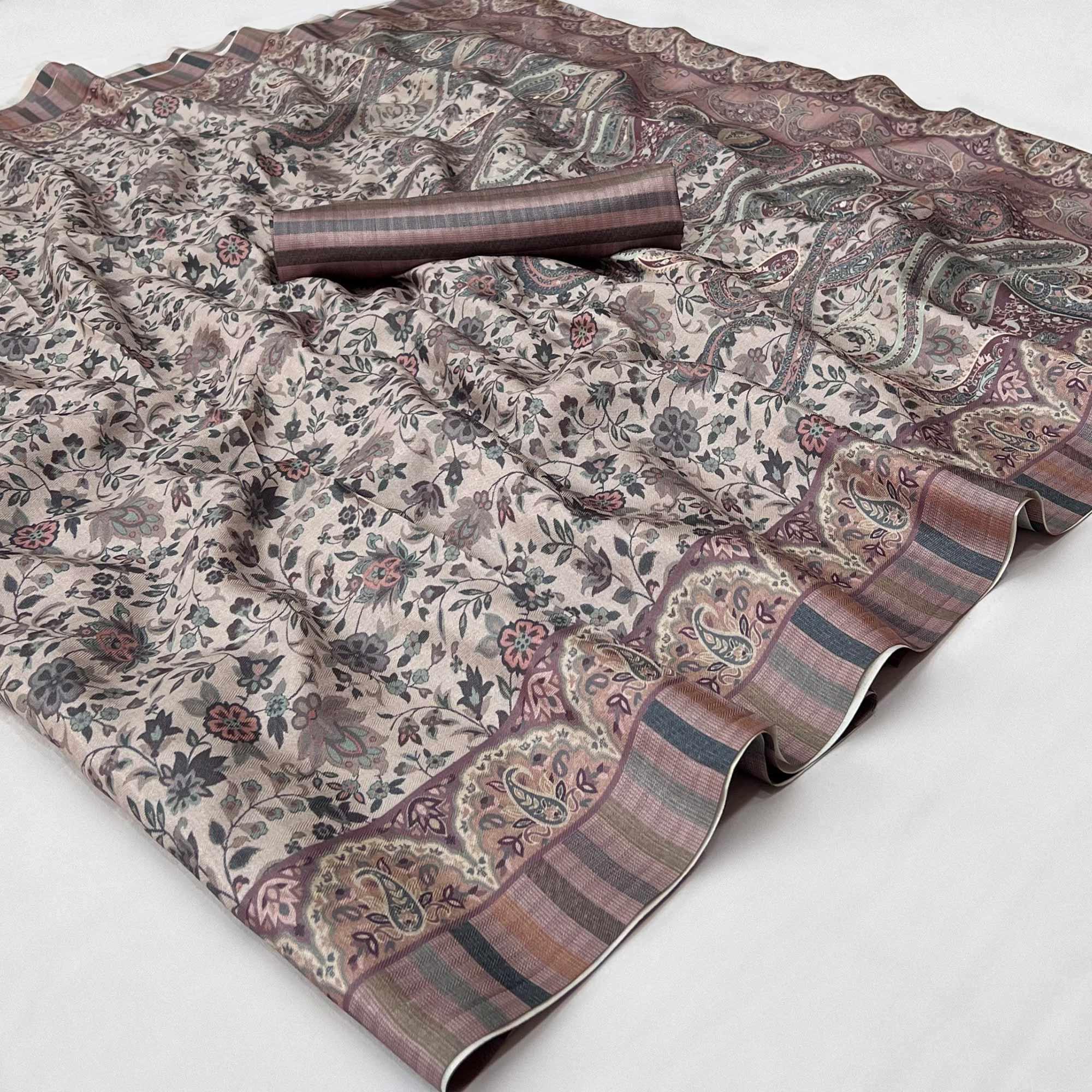 Beige Digital Printed Pashmina Saree - Peachmode