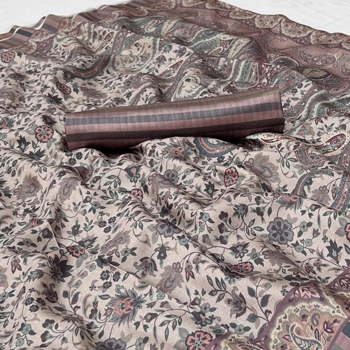 Beige Digital Printed Pashmina Saree - Peachmode