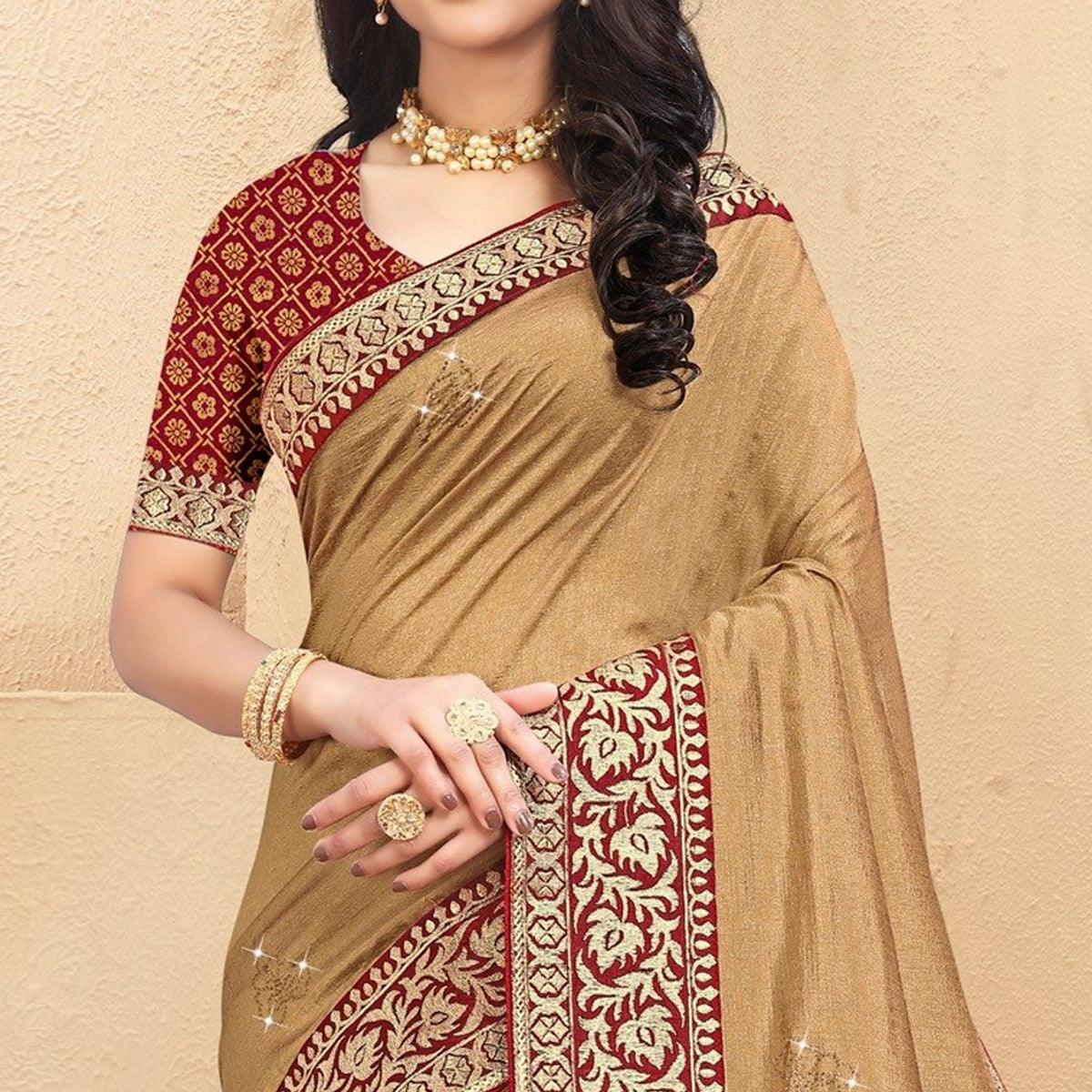 Beige Embellished Vichitra Silk Saree - Peachmode