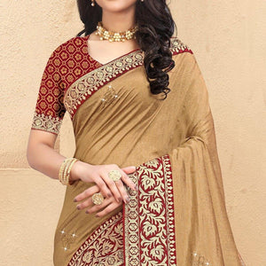 Beige Embellished Vichitra Silk Saree - Peachmode