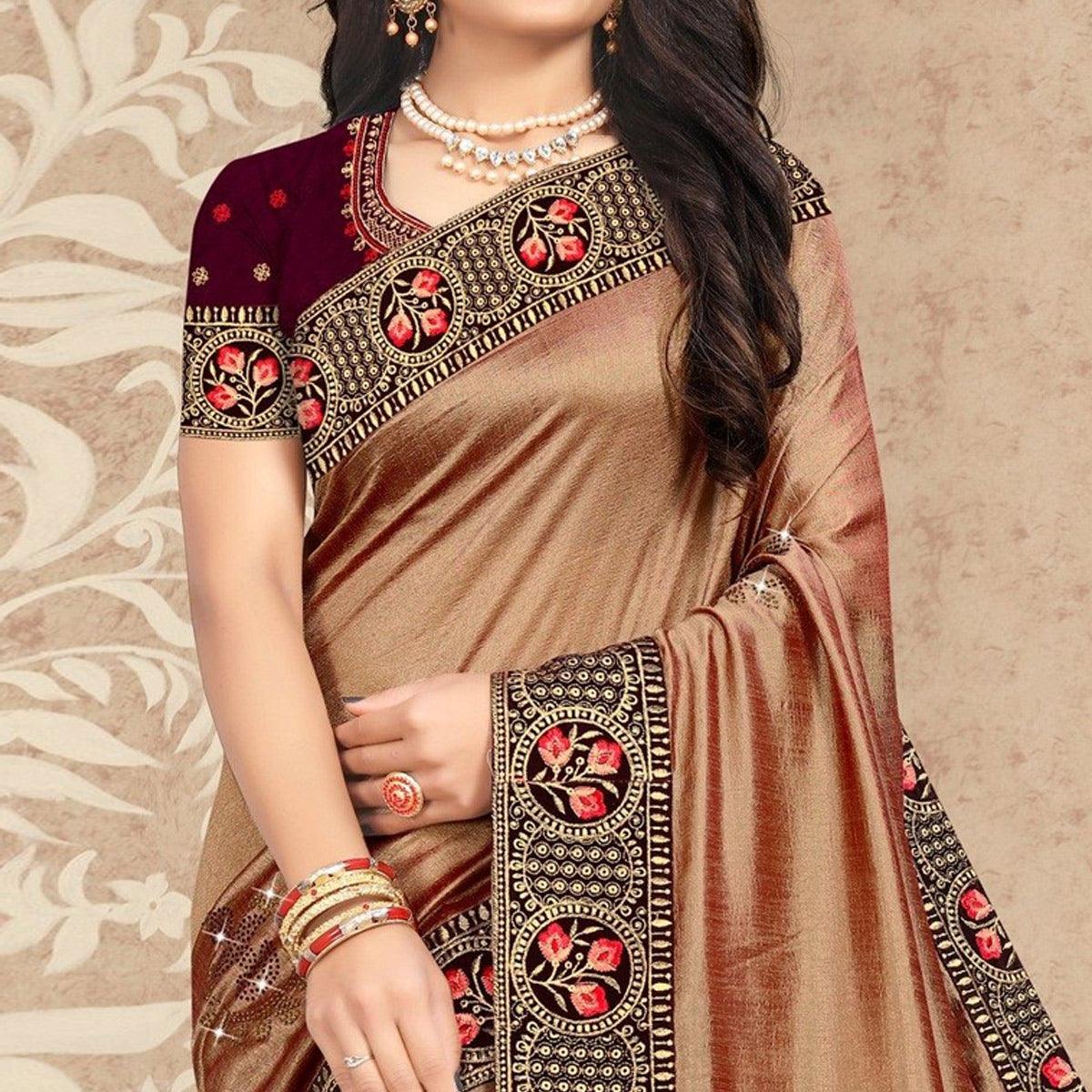 Beige Embellished Vichitra Silk Saree - Peachmode