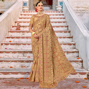 Beige Embellished With Embroidered Art Silk Saree - Peachmode