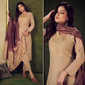 Beige Embellished With Embroidered Chiffon Kurti Pant Set With Dupatta - Peachmode