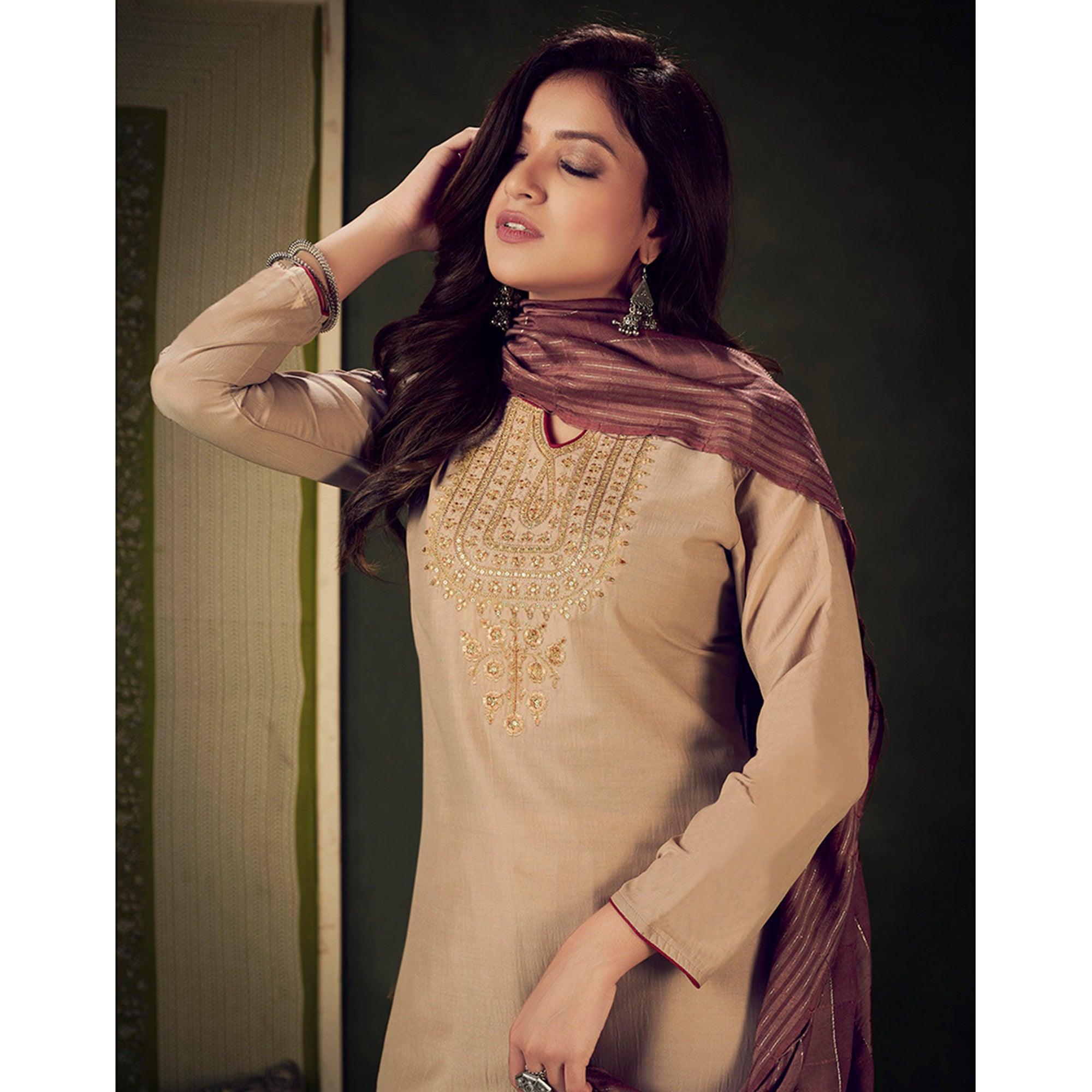 Beige Embellished With Embroidered Chiffon Kurti Pant Set With Dupatta - Peachmode