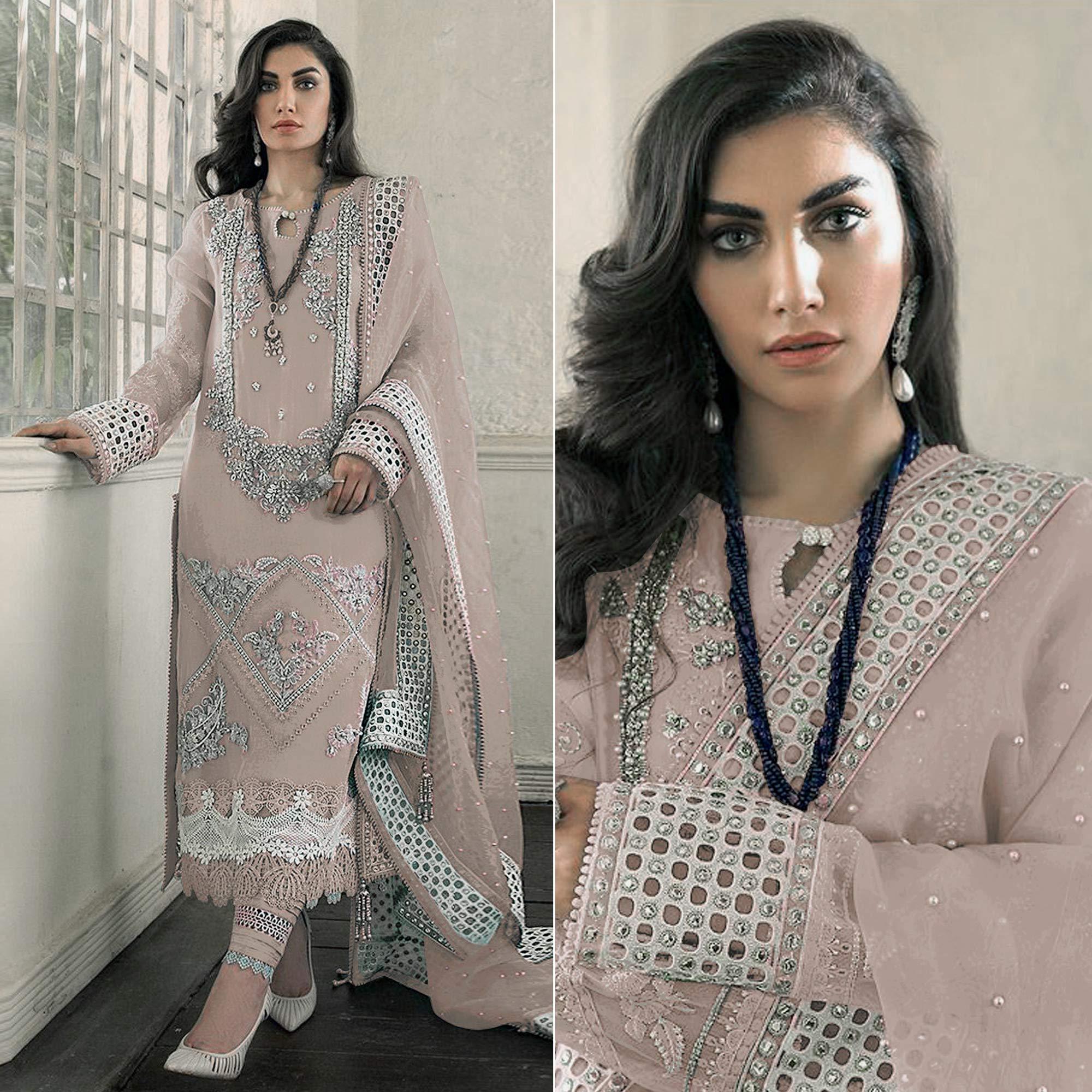 Beige Embellished With Embroidered Georgette Pakistani Suit - Peachmode