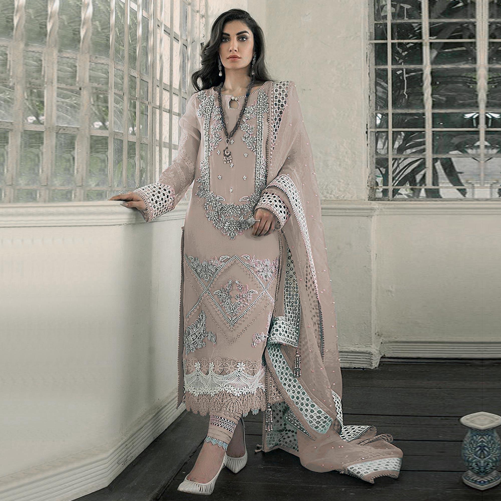 Beige Embellished With Embroidered Georgette Pakistani Suit - Peachmode
