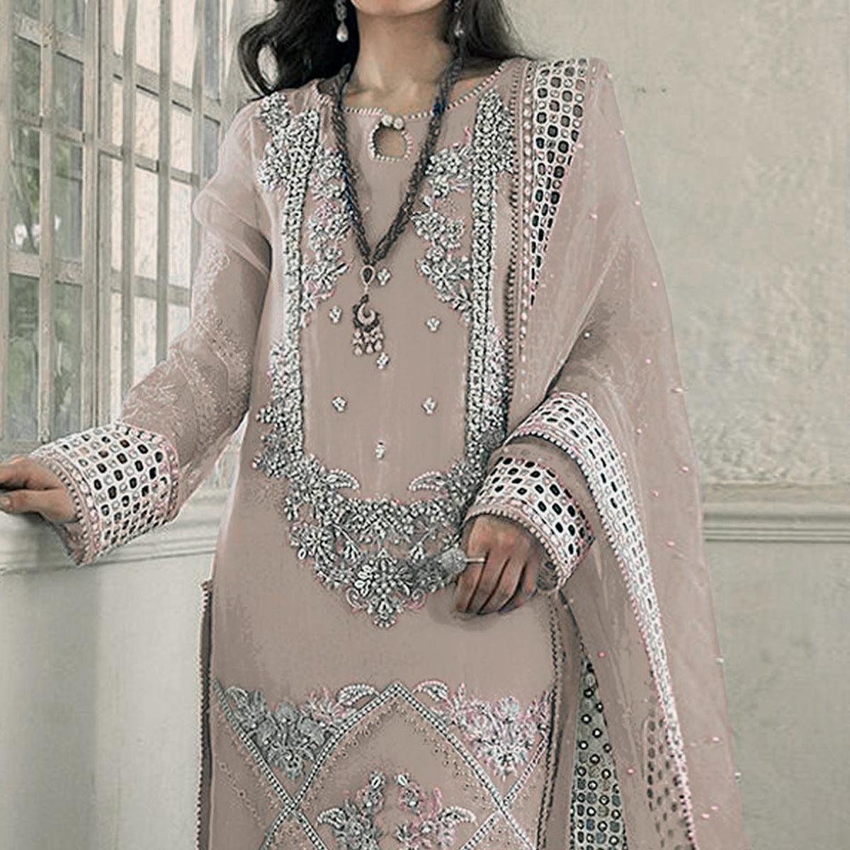 Beige Embellished With Embroidered Georgette Pakistani Suit - Peachmode