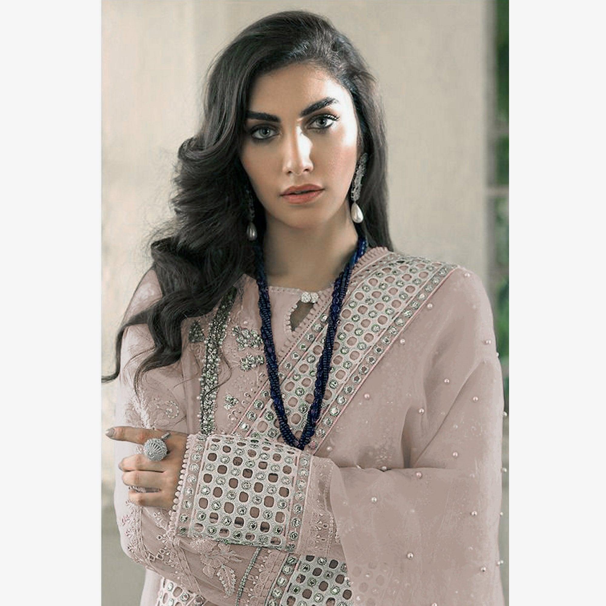 Beige Embellished With Embroidered Georgette Pakistani Suit - Peachmode