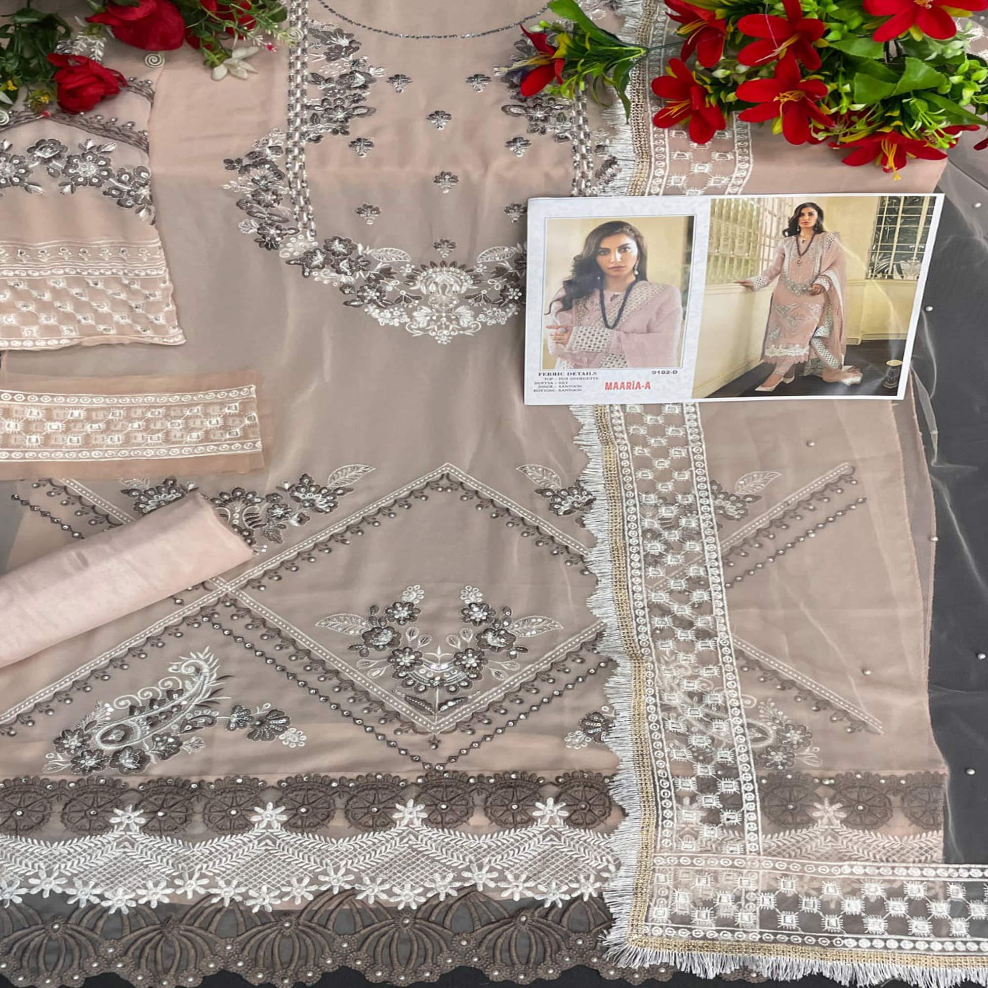 Beige Embellished With Embroidered Georgette Pakistani Suit - Peachmode