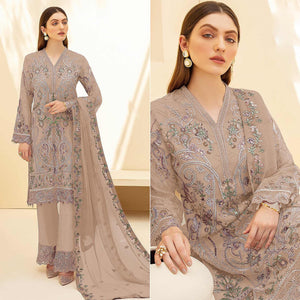 Beige Embellished With Embroidered Georgette Palazzo Suit - Peachmode