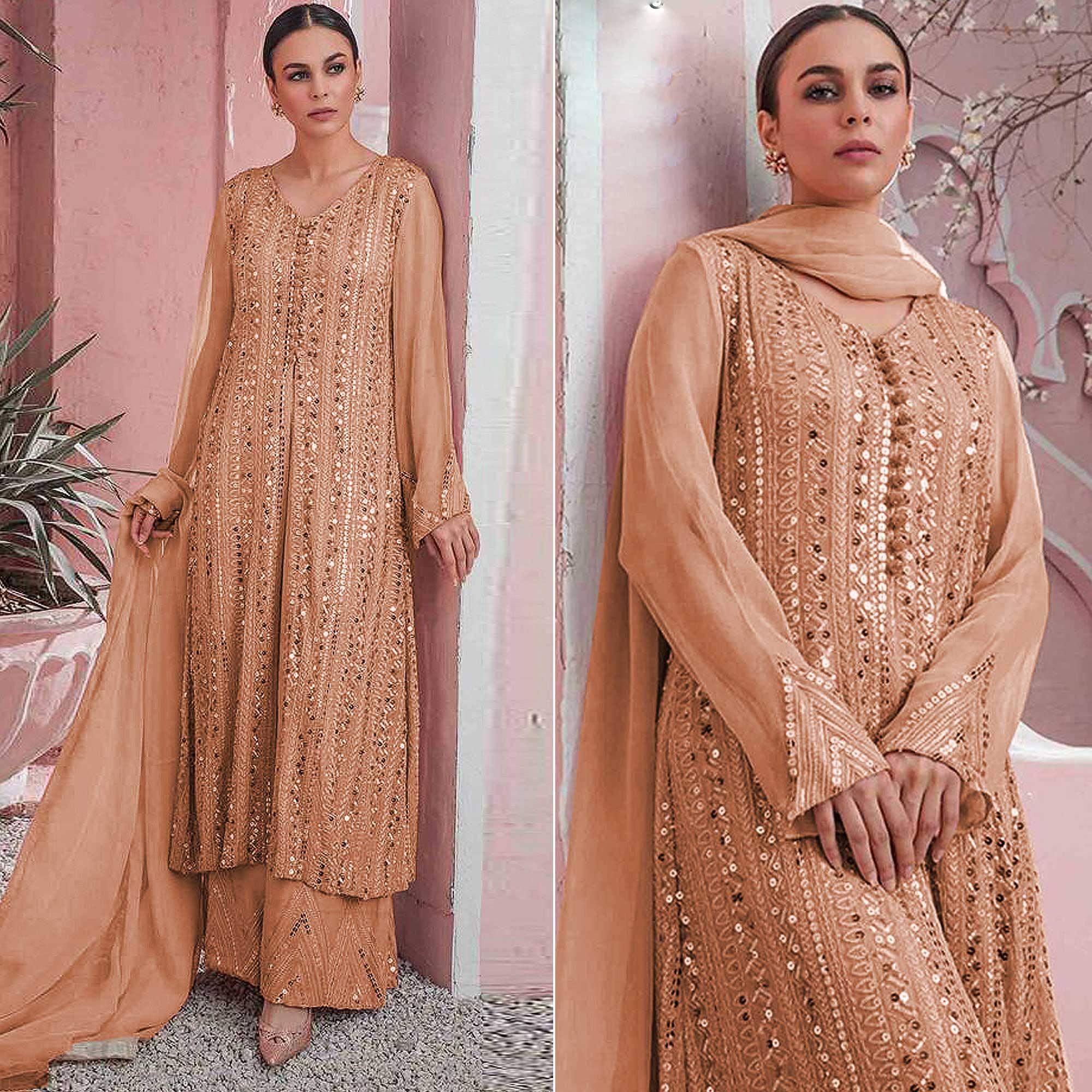 Beige Embellished With Embroidered Georgette Palazzo Suit - Peachmode