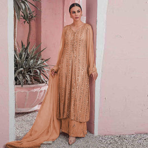 Beige Embellished With Embroidered Georgette Palazzo Suit - Peachmode