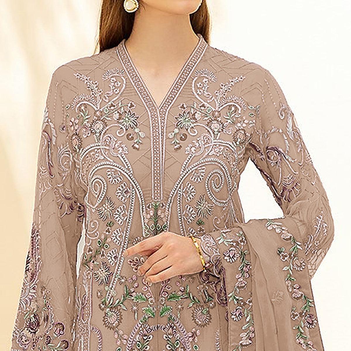 Beige Embellished With Embroidered Georgette Palazzo Suit - Peachmode