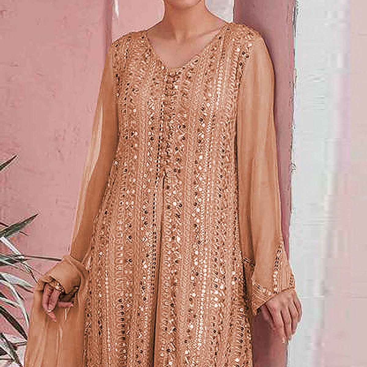 Beige Embellished With Embroidered Georgette Palazzo Suit - Peachmode