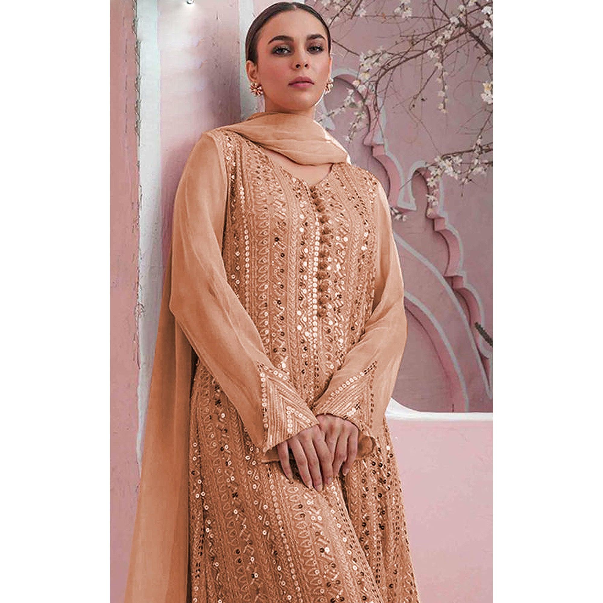 Beige Embellished With Embroidered Georgette Palazzo Suit - Peachmode