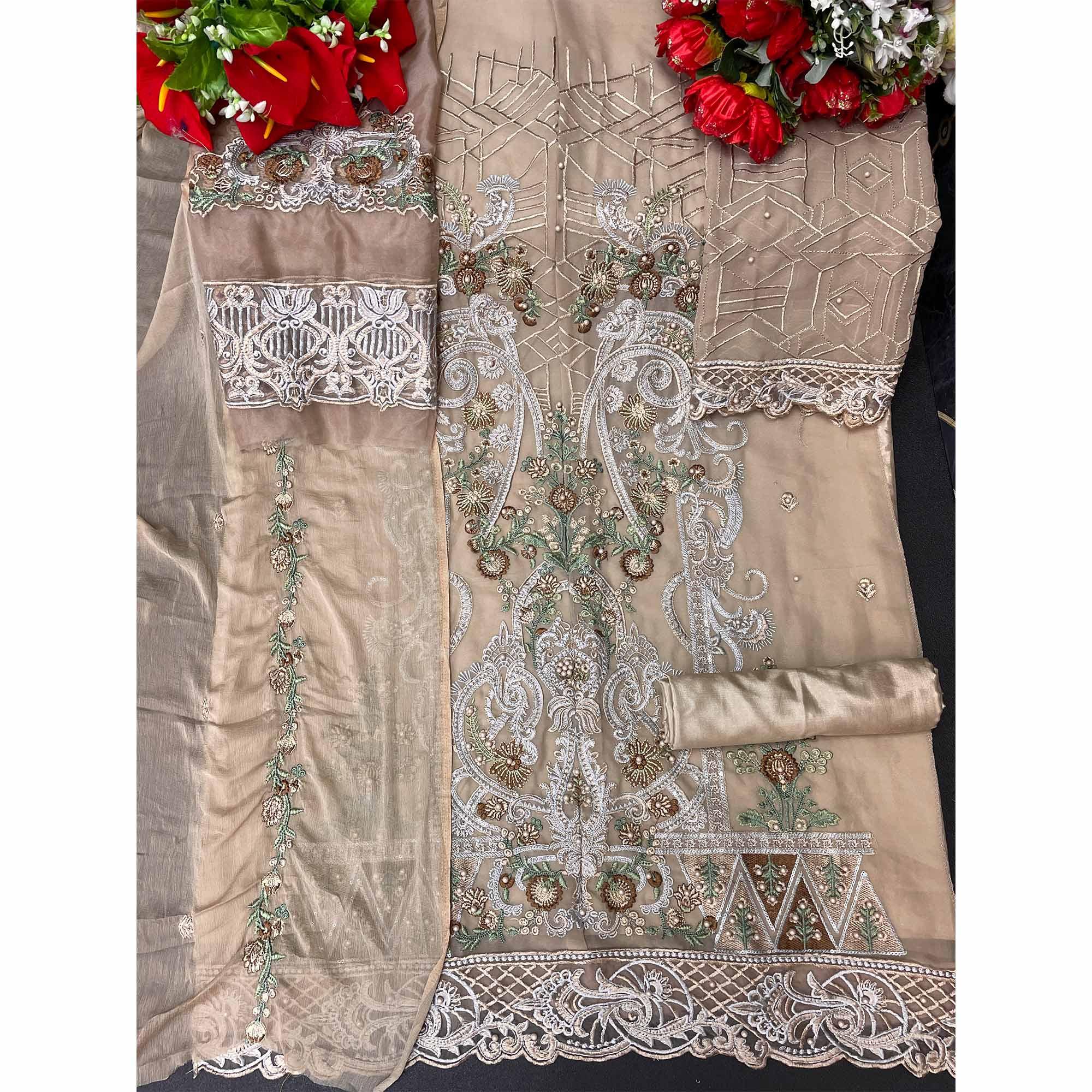 Beige Embellished With Embroidered Georgette Palazzo Suit - Peachmode