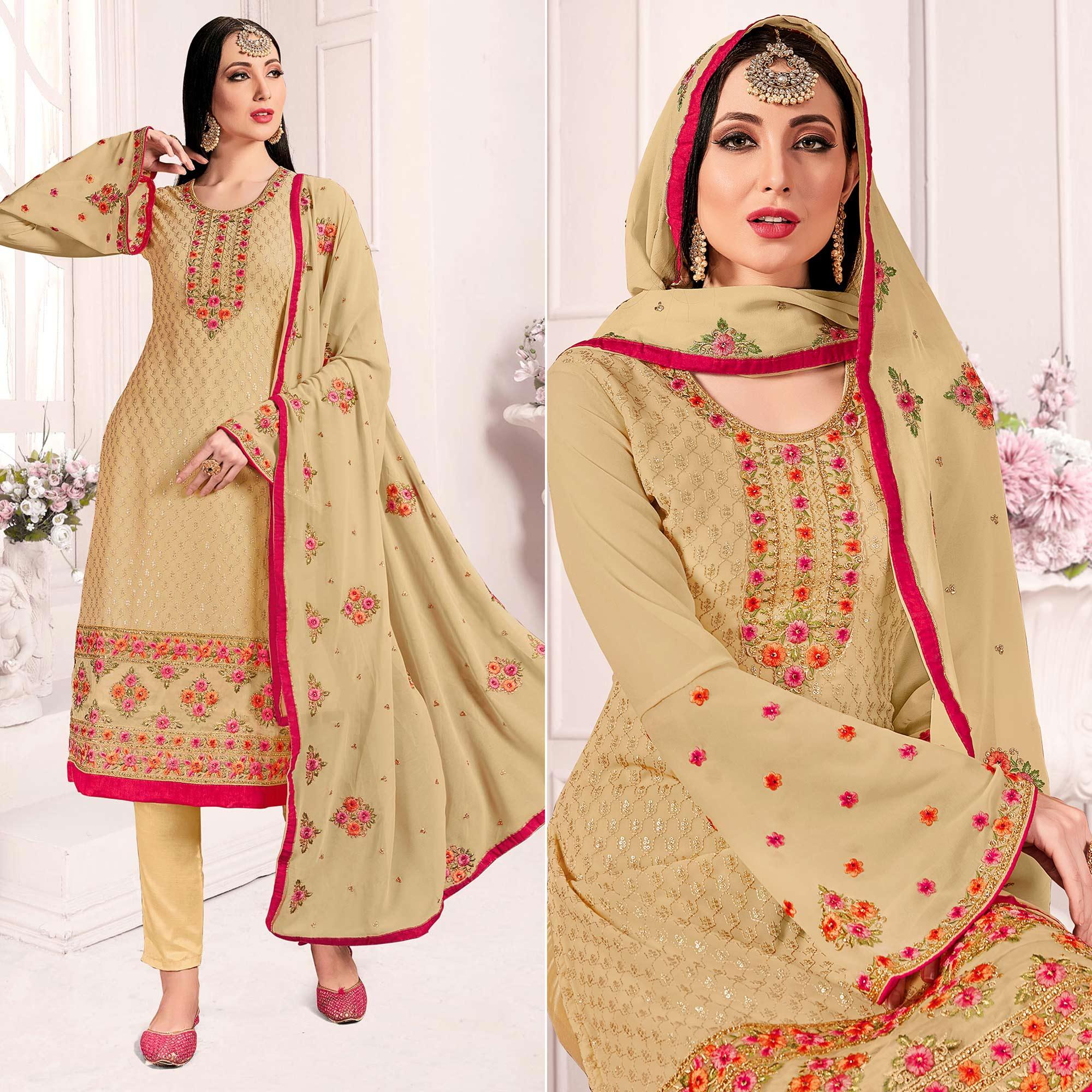 Beige Embroidered & Embellished Georgette Partywear Suit - Peachmode