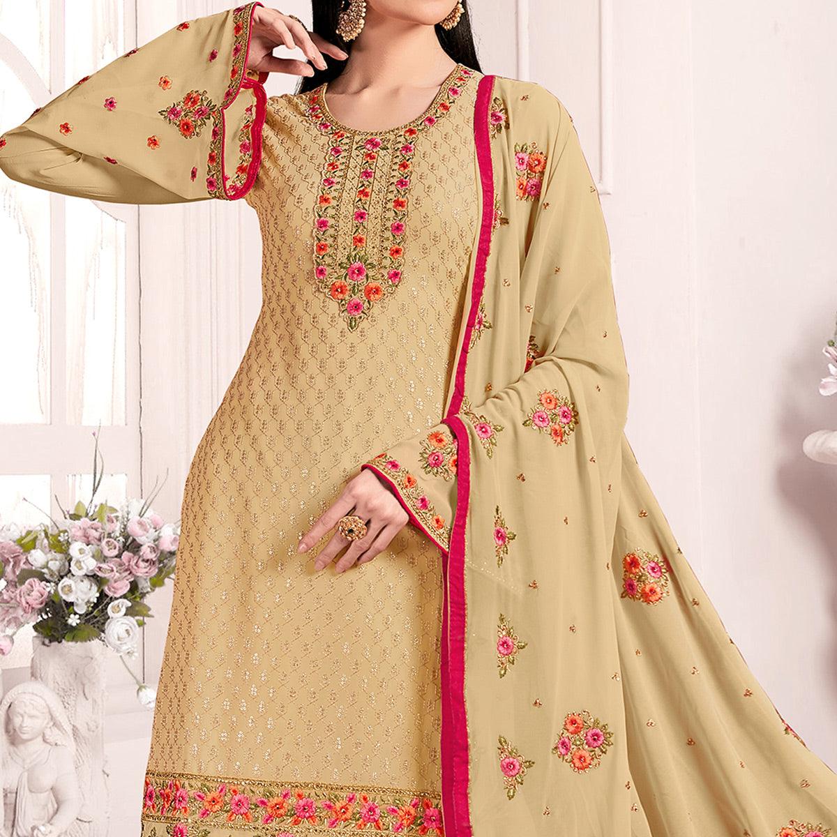 Beige Embroidered & Embellished Georgette Partywear Suit - Peachmode