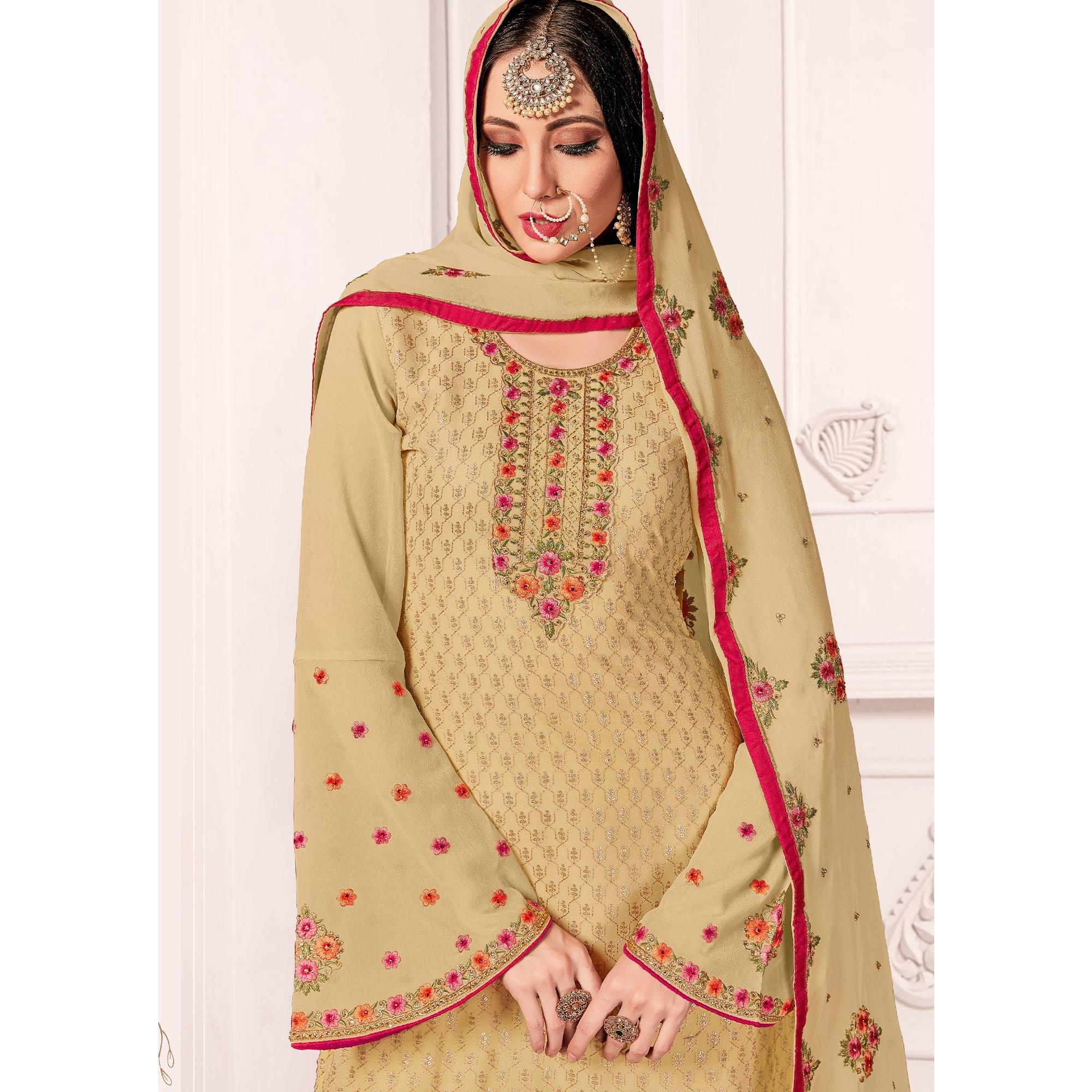 Beige Embroidered & Embellished Georgette Partywear Suit - Peachmode