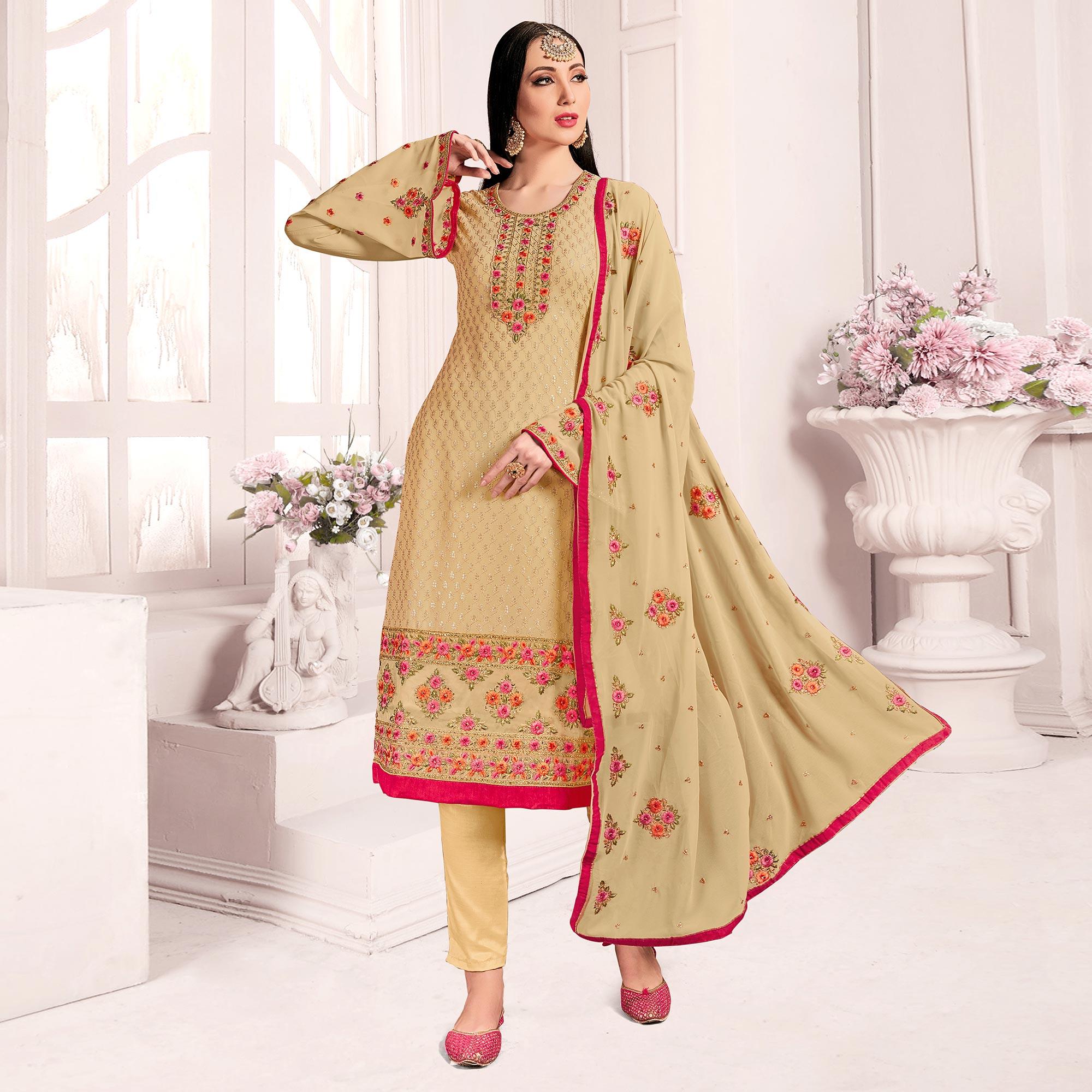 Beige Embroidered & Embellished Georgette Partywear Suit - Peachmode
