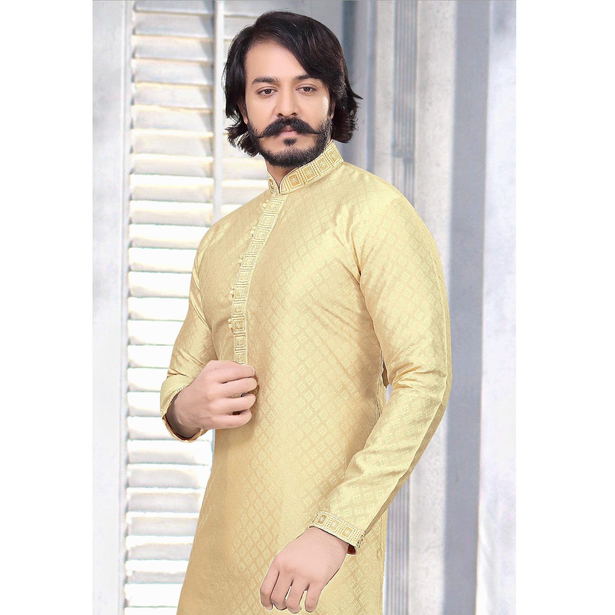 Beige Embroidered Art Silk Mens's Kurta Pyjama Set - Peachmode