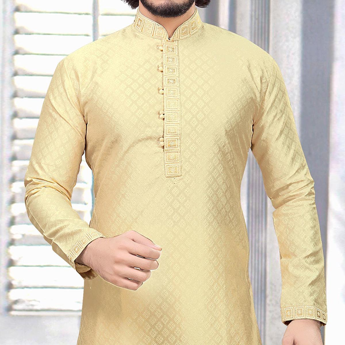 Beige Embroidered Art Silk Mens's Kurta Pyjama Set - Peachmode