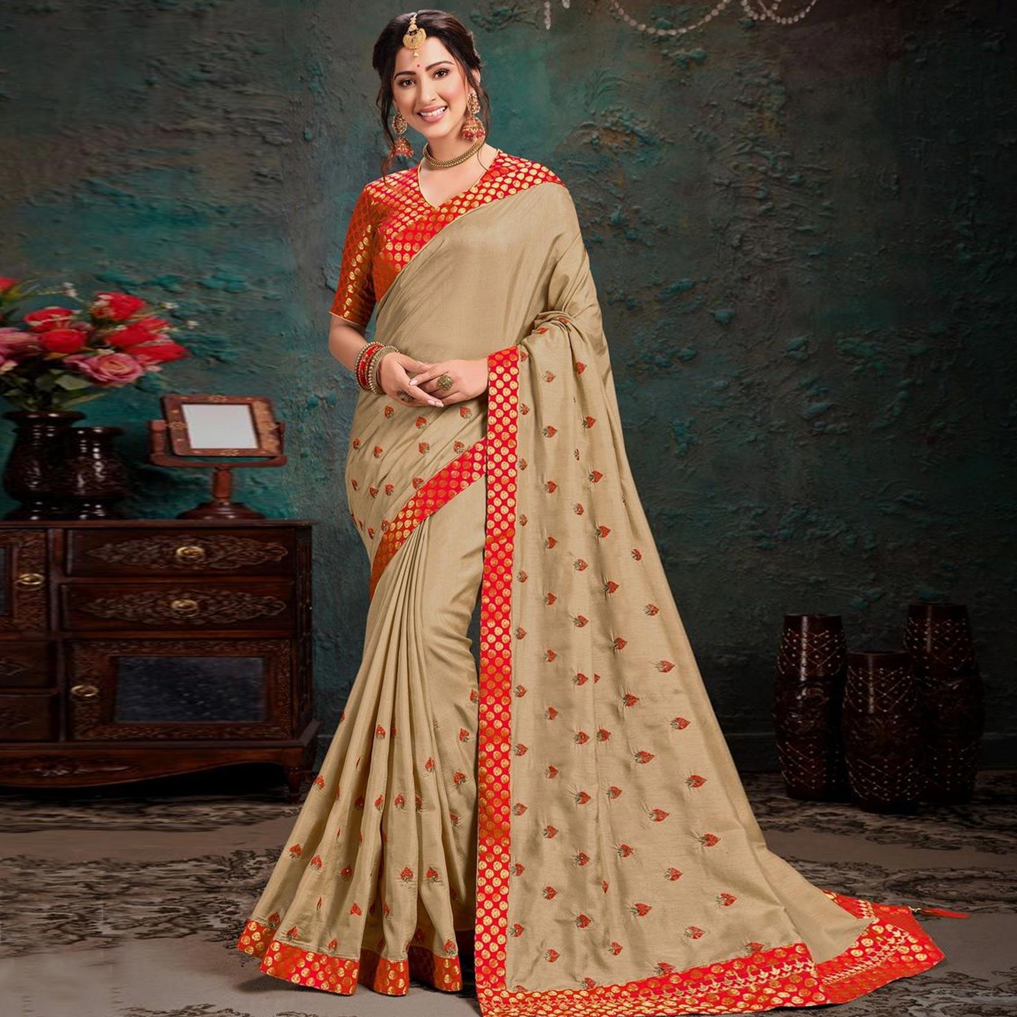 Beige Embroidered Art Silk Saree - Peachmode