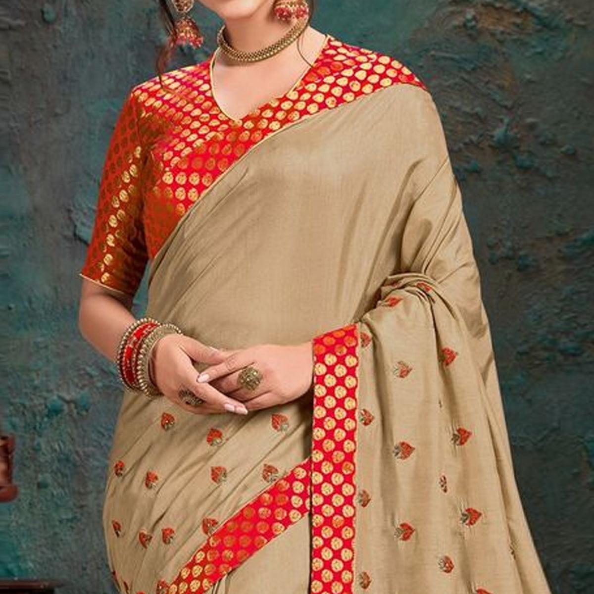 Beige Embroidered Art Silk Saree - Peachmode