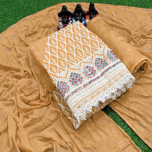 Beige Embroidered Chanderi Dress Material - Peachmode