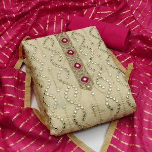 Beige Embroidered Chanderi Dress Material - Peachmode