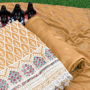 Beige Embroidered Chanderi Dress Material - Peachmode