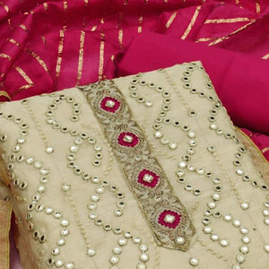 Beige Embroidered Chanderi Dress Material - Peachmode