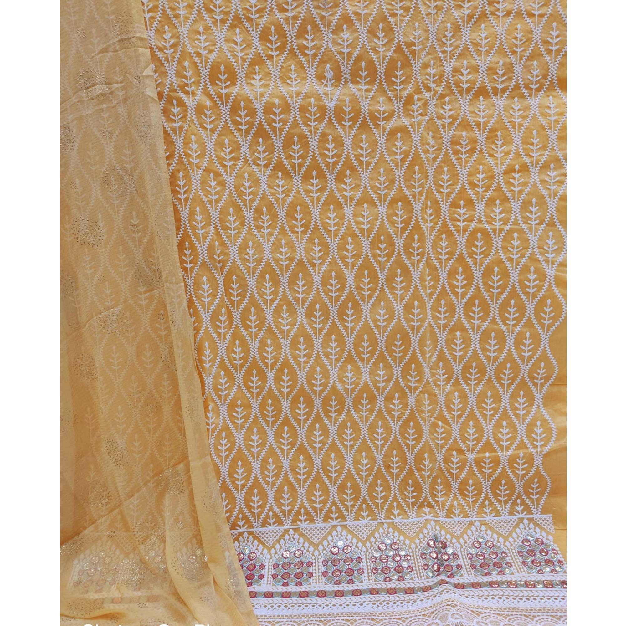 Beige Embroidered Chanderi Dress Material - Peachmode