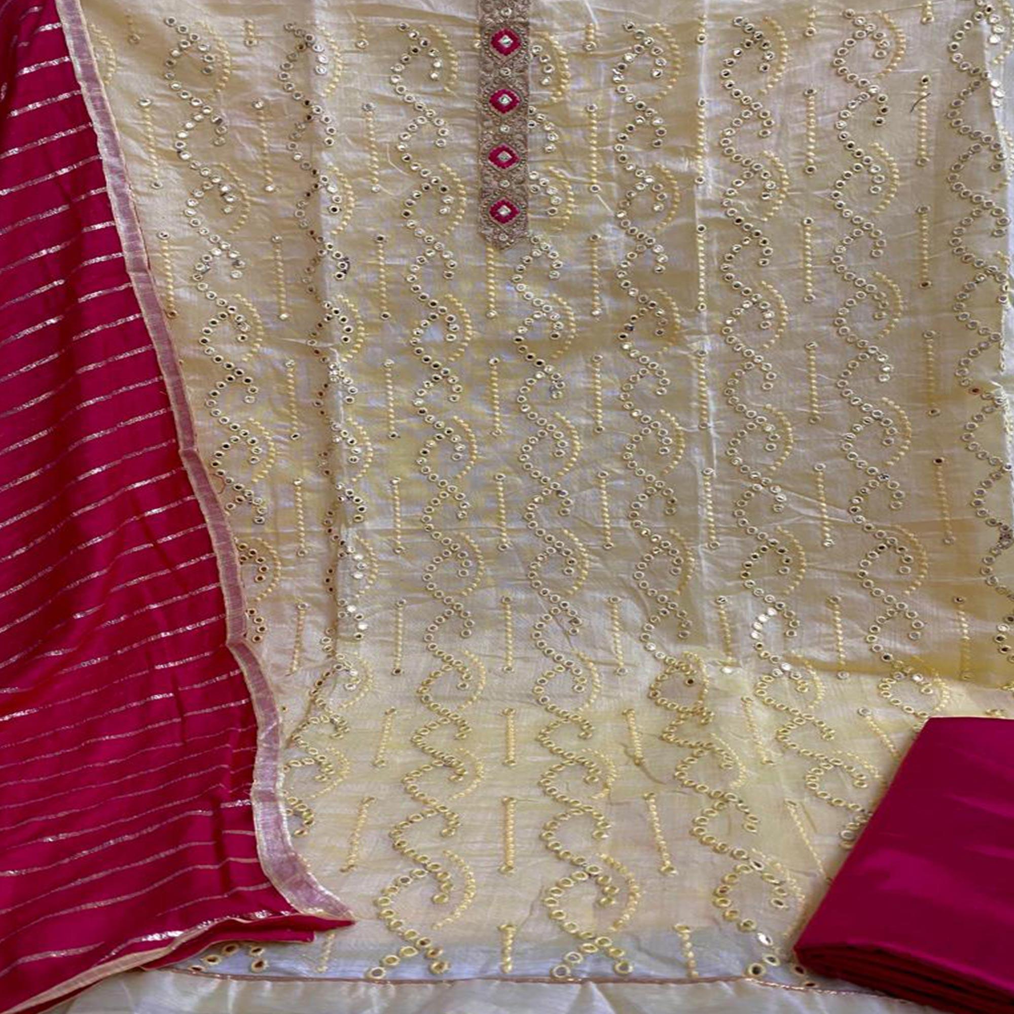 Beige Embroidered Chanderi Dress Material - Peachmode