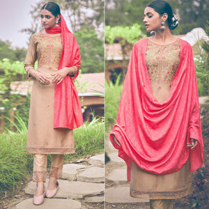 Beige Embroidered Chiffon Kurti Pant Set with Dupatta - Peachmode