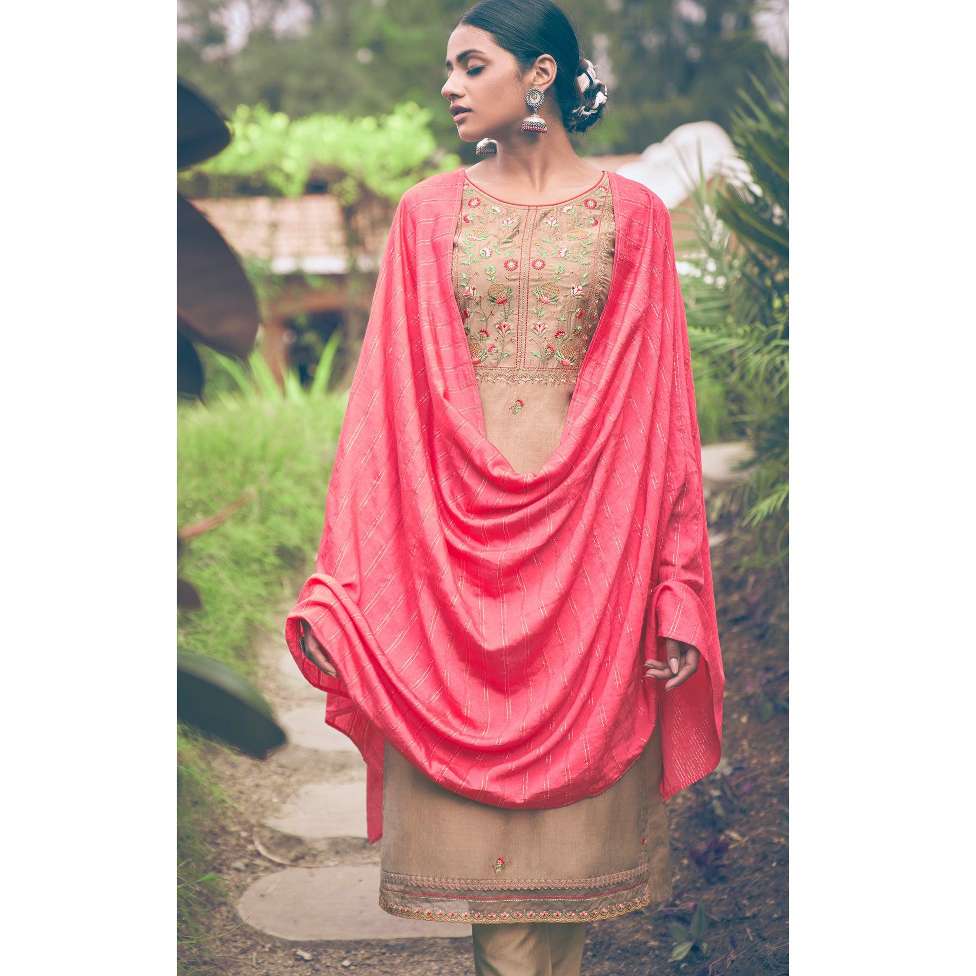 Beige Embroidered Chiffon Kurti Pant Set with Dupatta - Peachmode