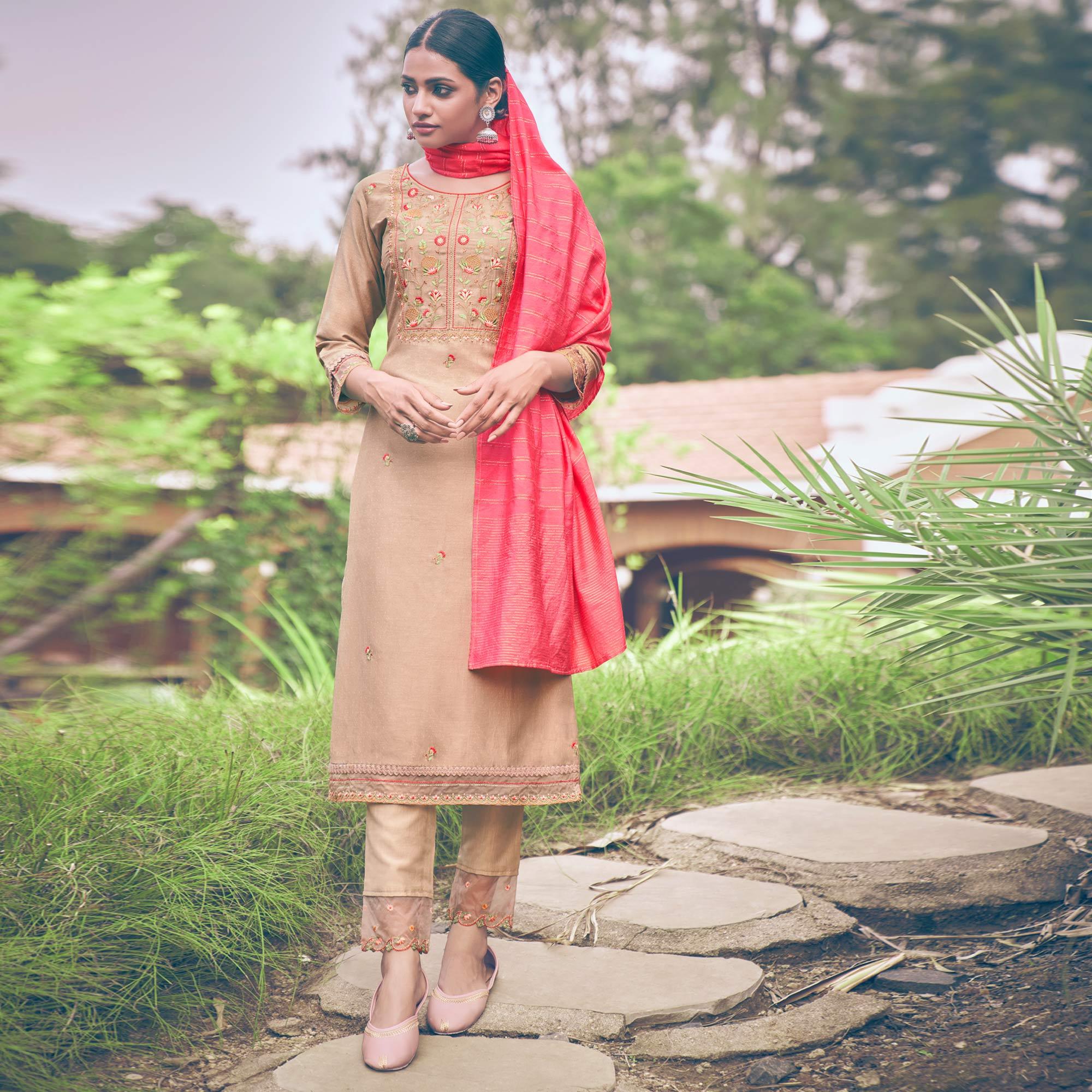 Beige Embroidered Chiffon Kurti Pant Set with Dupatta - Peachmode
