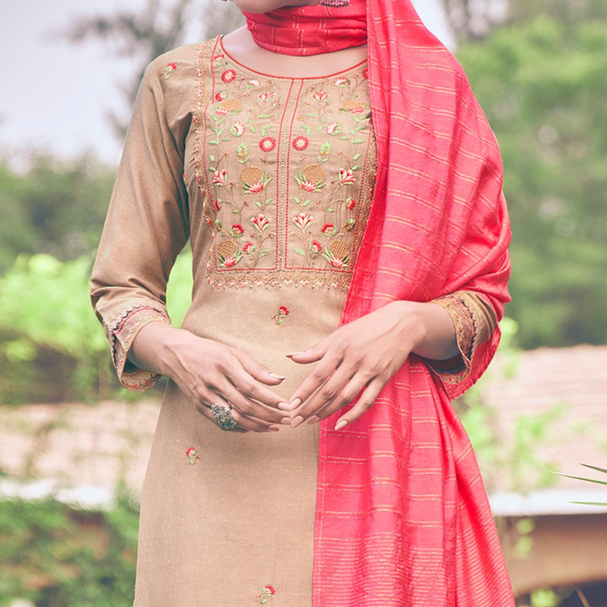 Beige Embroidered Chiffon Kurti Pant Set with Dupatta - Peachmode