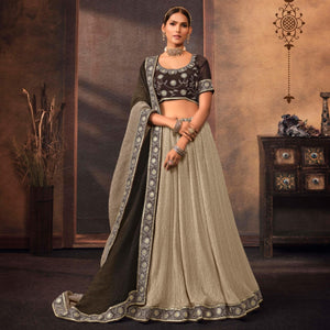 Beige Embroidered Chiffon Lehenga Choli - Peachmode