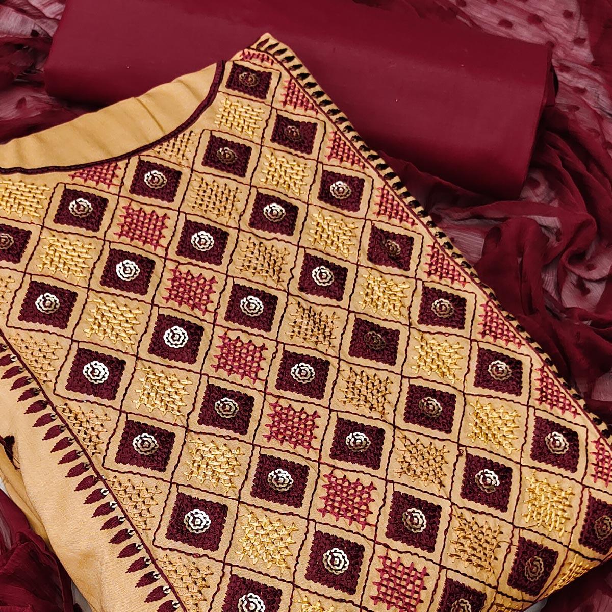 Beige Embroidered Cotton Blend Dress Material - Peachmode