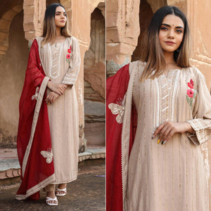 Beige Embroidered Cotton Partywear Kurti Pant Set With Dupatta - Peachmode