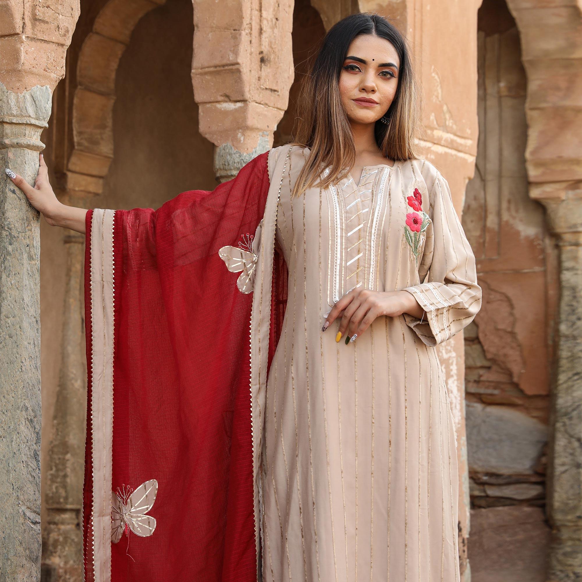 Beige Embroidered Cotton Partywear Kurti Pant Set With Dupatta - Peachmode